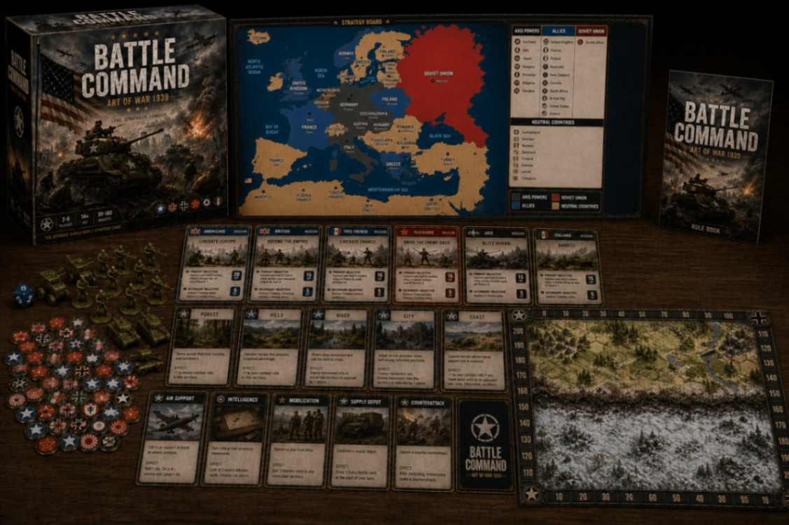Battle Command game components — strategy board, cards, miniatures